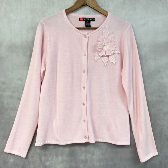 VTG IB Diffusion Cardigan Sweater Womens‎ Large Pastel Pink Flower Dainty Fairy - Picture 1 of 11